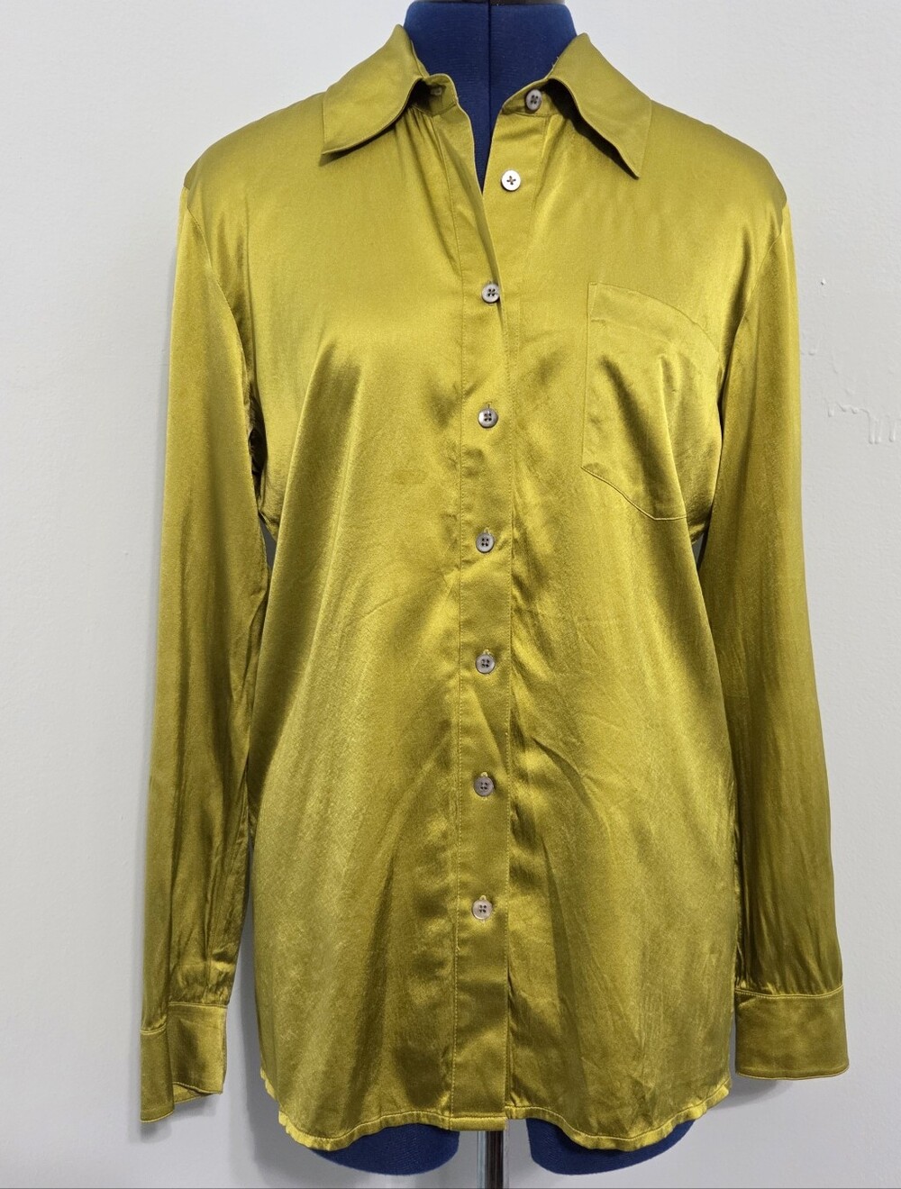 Vintage 90s Chartreuse Green Silk Button Down Shirt Size 4